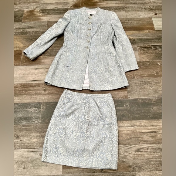 Rickie Freeman Teri Jon Suit Set- jacket & skirt brocade print silver gray sz 2 - Picture 1 of 15